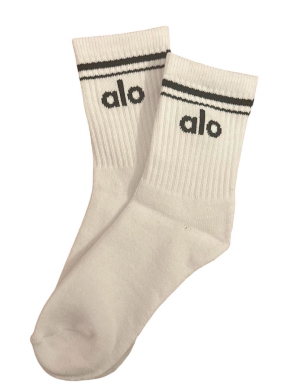 ALO Yoga White Crew Socks with Black Logo Stripes